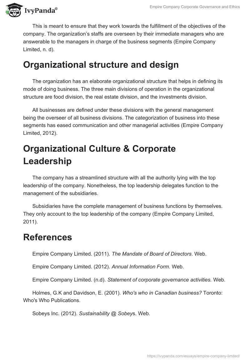 Empire Company Corporate Governance and Ethics. Page 3