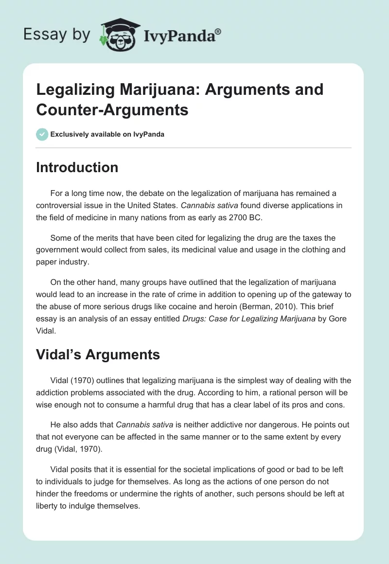 Legalizing Marijuana: Arguments and Counter-Arguments. Page 1