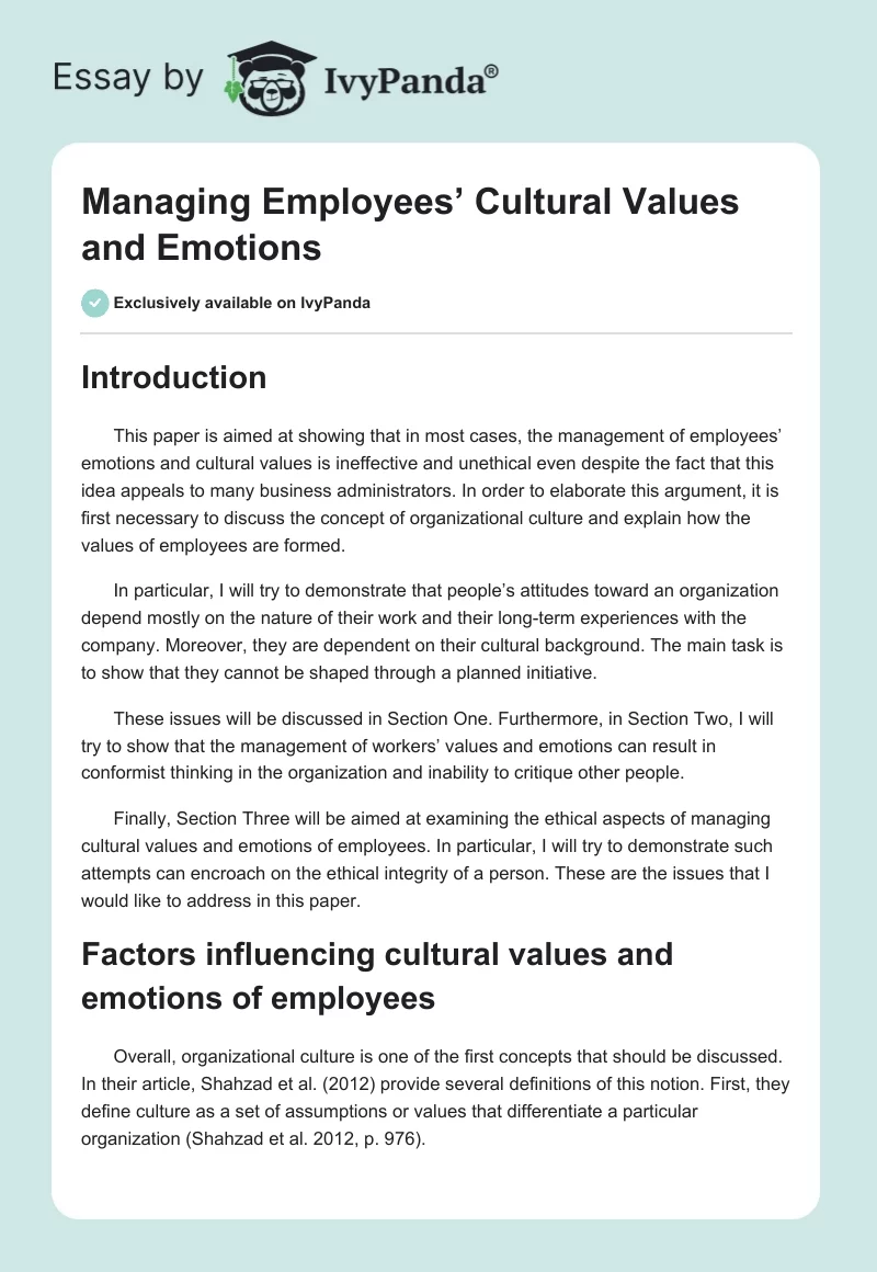 Managing Employees’ Cultural Values and Emotions. Page 1