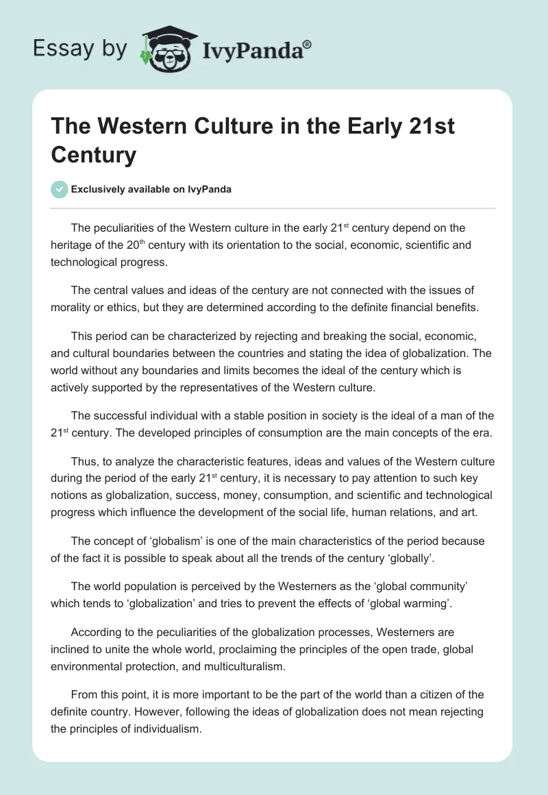 The Western culture in the early 21st century - 549 Words | Essay Example