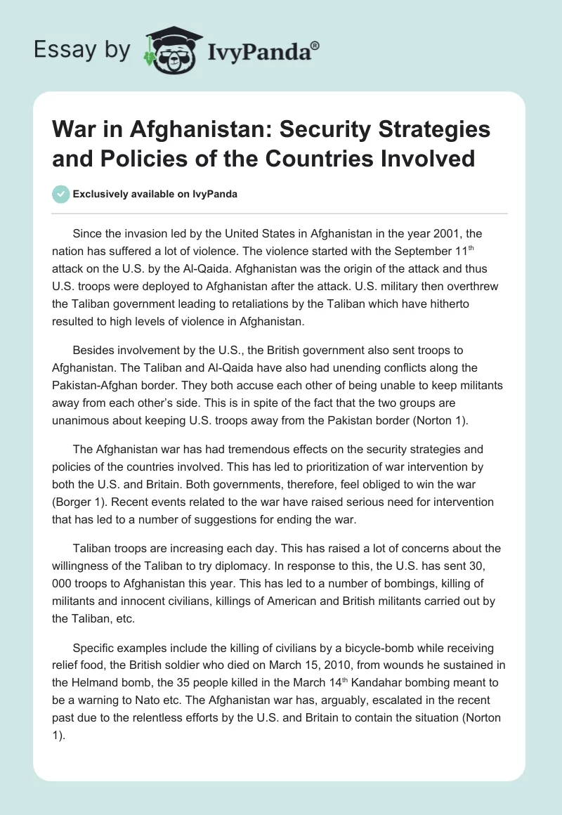War in Afghanistan: Security Strategies and Policies of the Countries Involved. Page 1