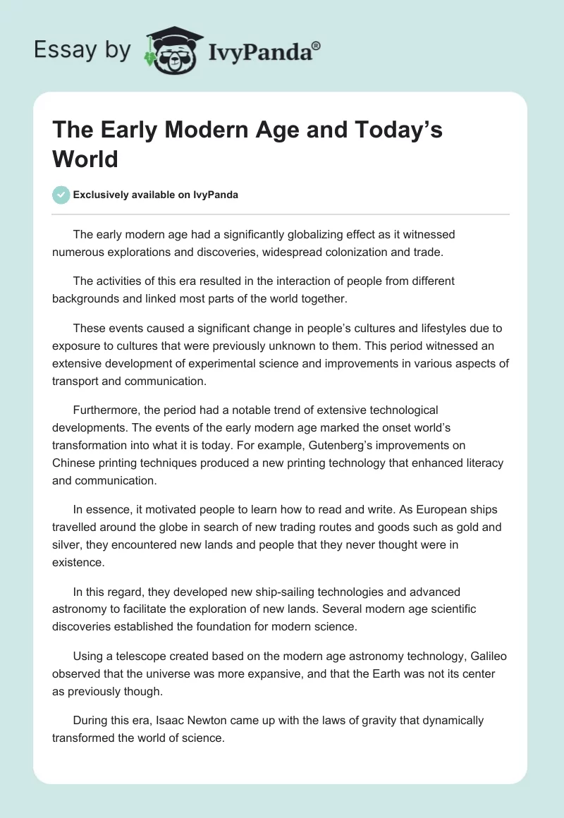 The Early Modern Age and Today’s World. Page 1