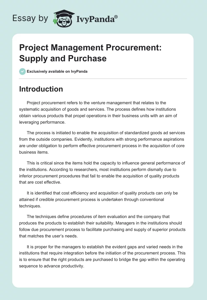 Project Management Procurement: Supply and Purchase. Page 1