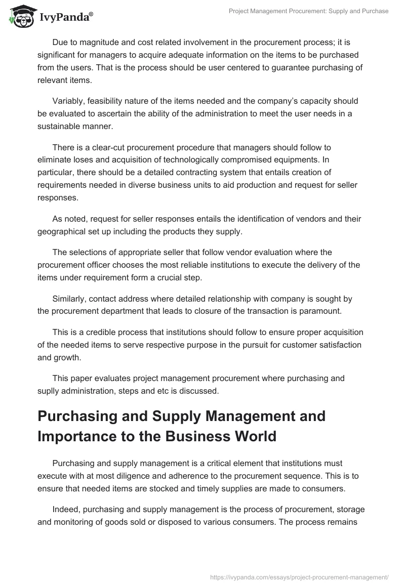 Project Management Procurement: Supply and Purchase. Page 2