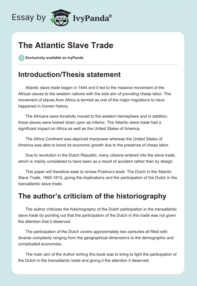 The Atlantic Slave Trade. Page 1