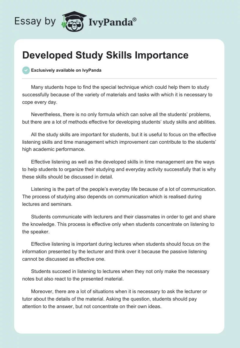 Developed Study Skills Importance. Page 1