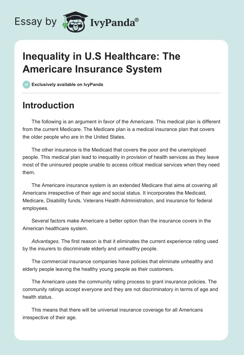 Inequality in U.S Healthcare: The Americare Insurance System. Page 1
