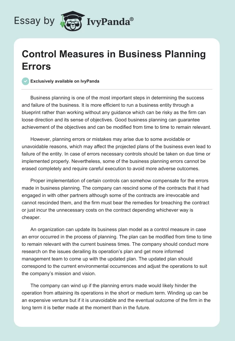 Control Measures in Business Planning Errors. Page 1