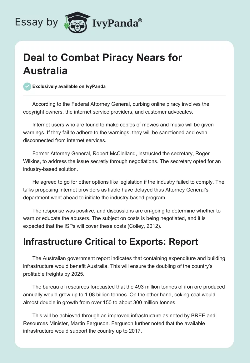 Deal to Combat Piracy Nears for Australia. Page 1