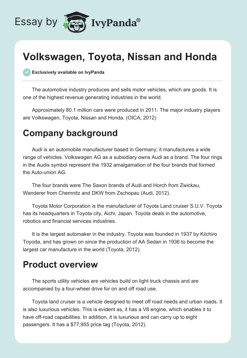Volkswagen, Toyota, Nissan and Honda. Page 1