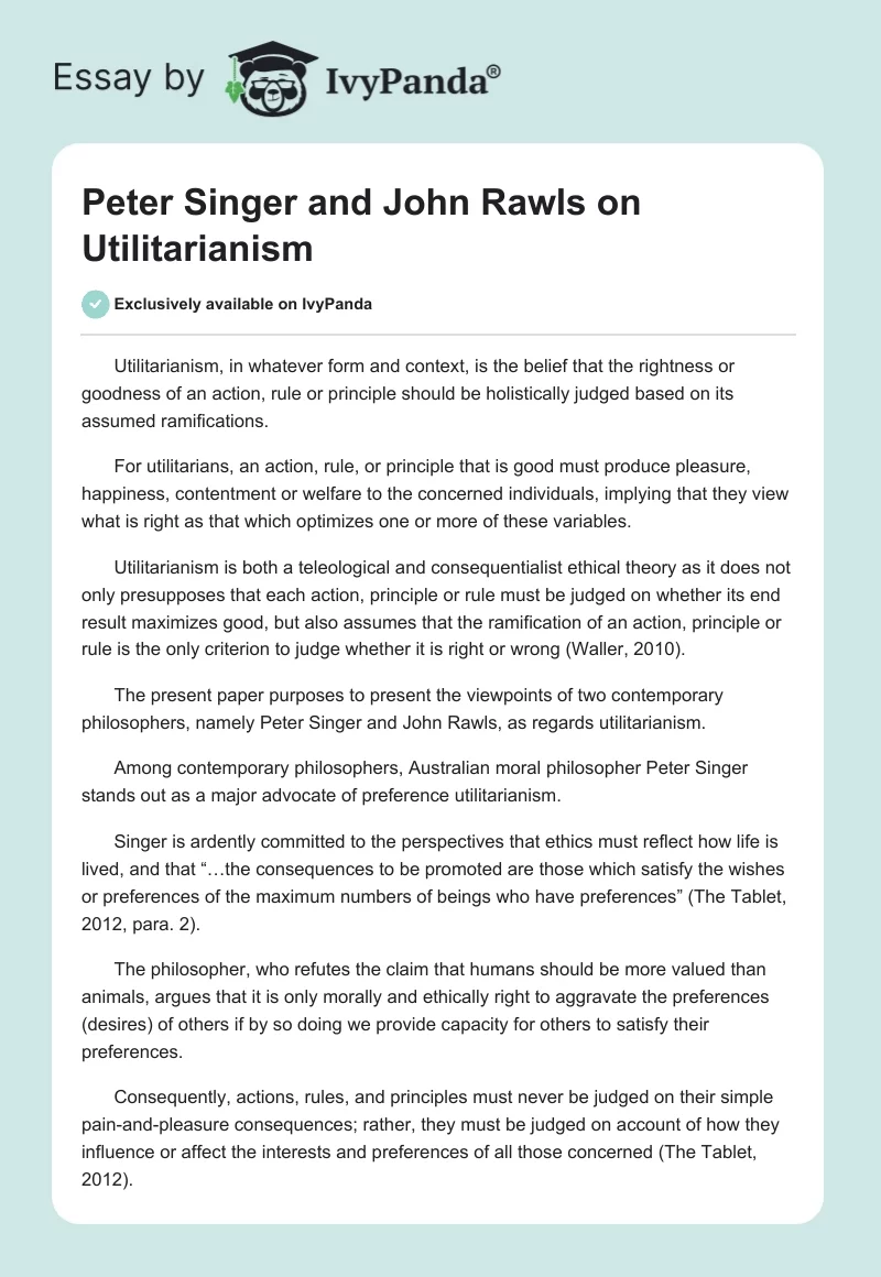 Peter Singer and John Rawls on Utilitarianism. Page 1