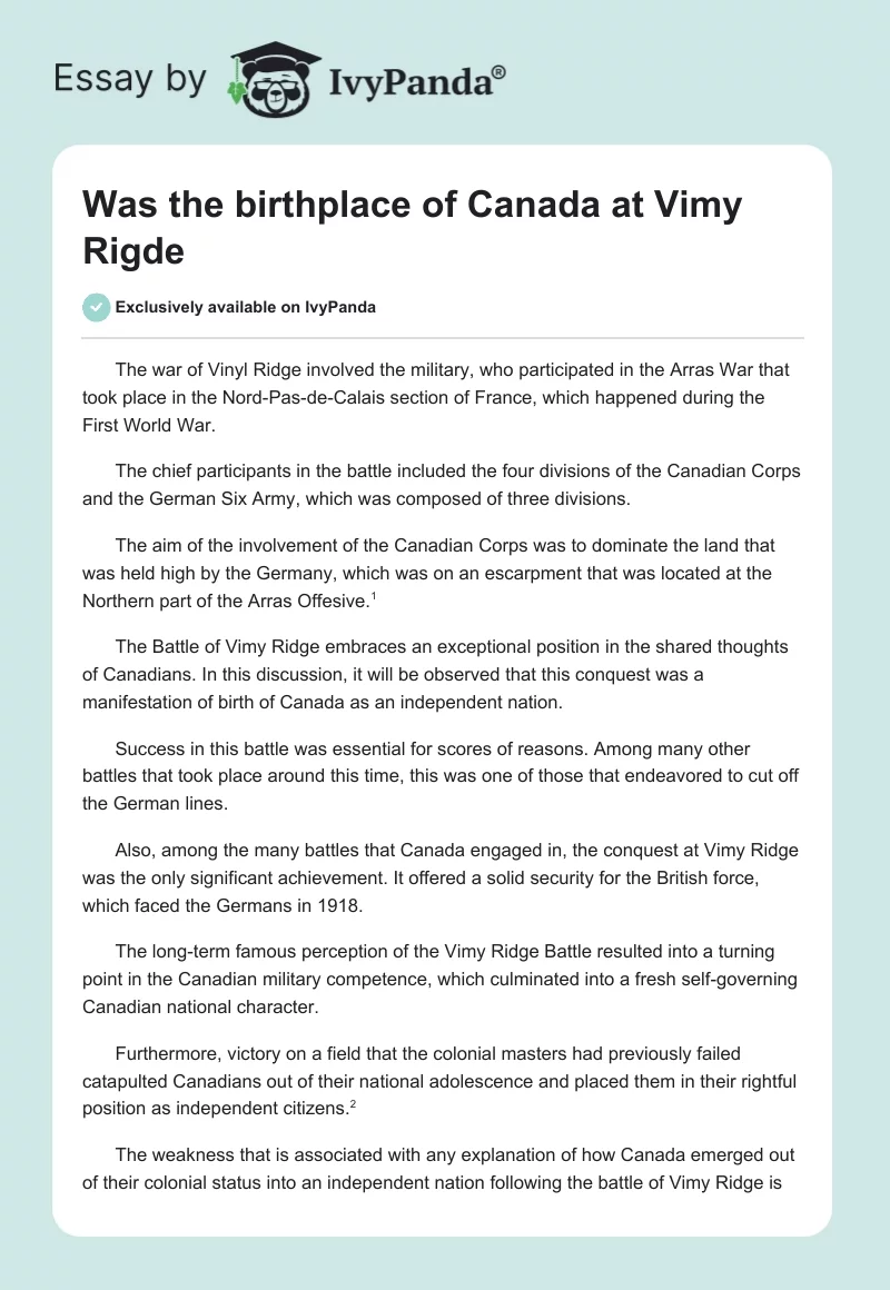 Was the birthplace of Canada at Vimy Rigde. Page 1