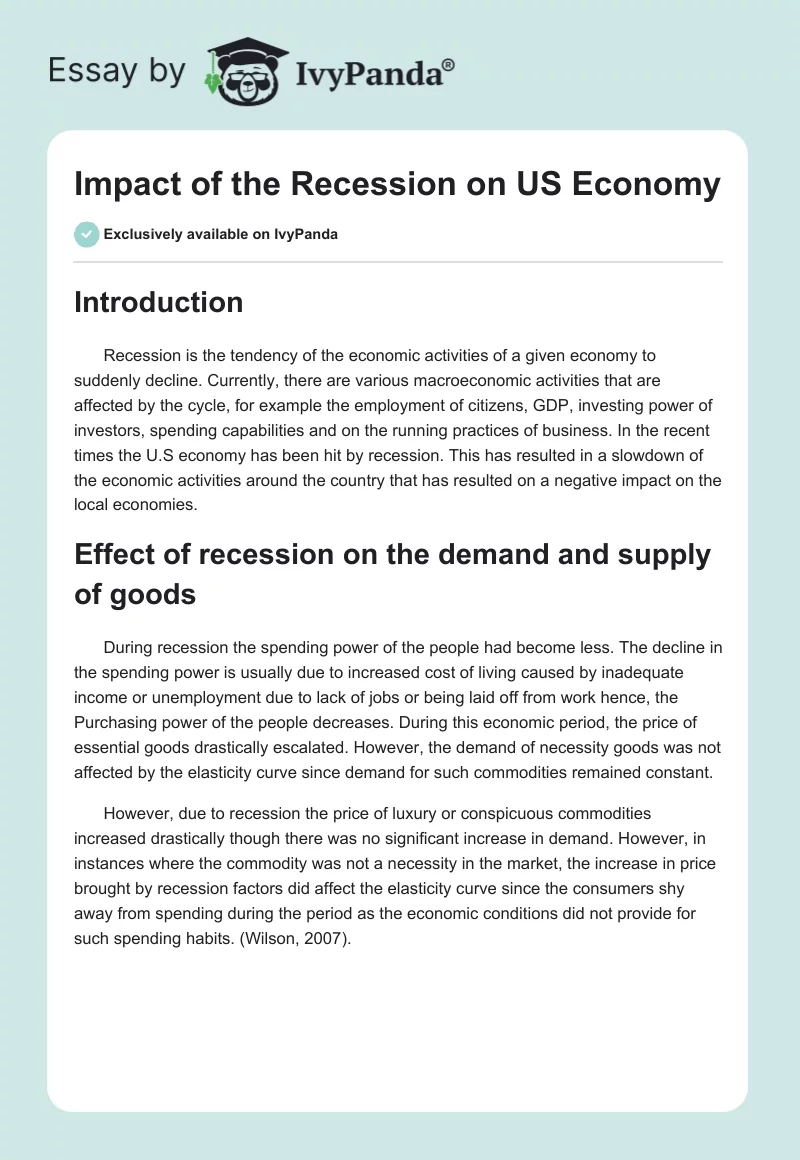 Impact of the Recession on US Economy. Page 1