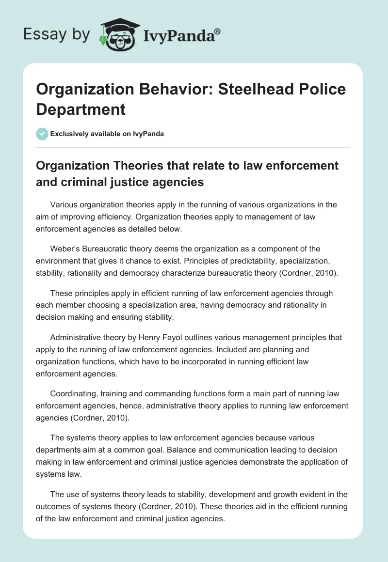 Organization Behavior: Steelhead Police Department. Page 1