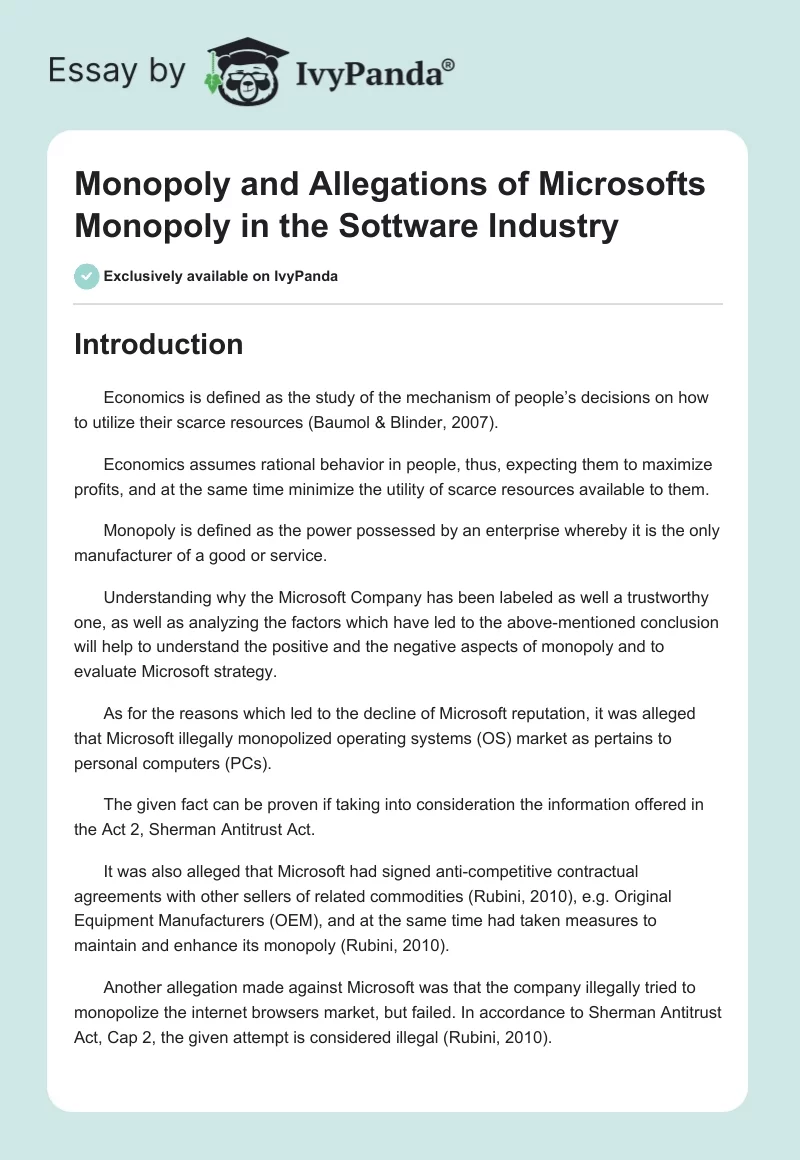 Monopoly and Allegations of Microsofts Monopoly in the Sottware Industry. Page 1