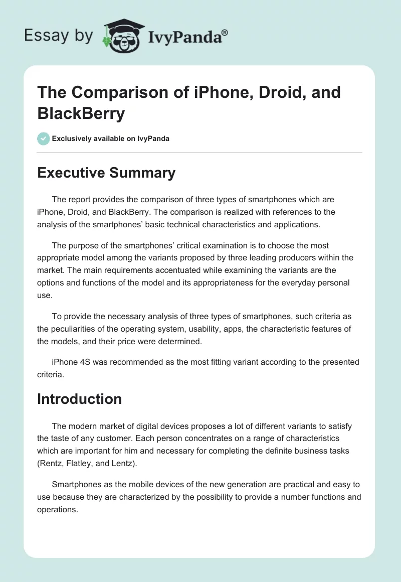 The Comparison of iPhone, Droid, and BlackBerry. Page 1