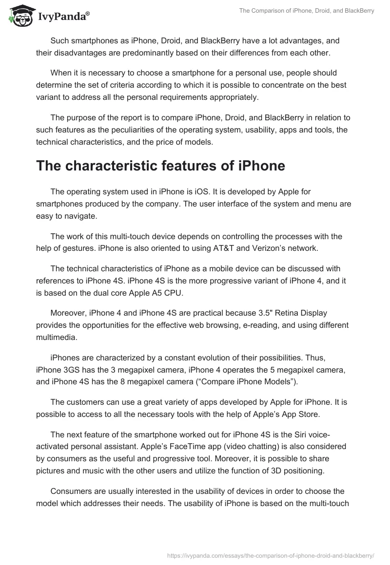 The Comparison of iPhone, Droid, and BlackBerry. Page 2