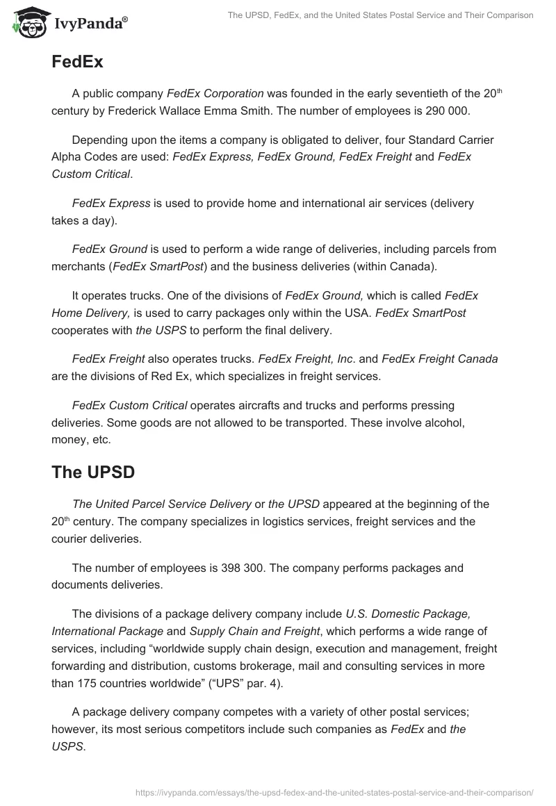 The UPSD, FedEx, and the United States Postal Service and Their Comparison. Page 2