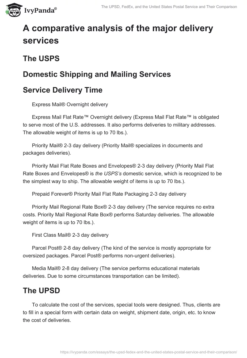 The UPSD, FedEx, and the United States Postal Service and Their Comparison. Page 3