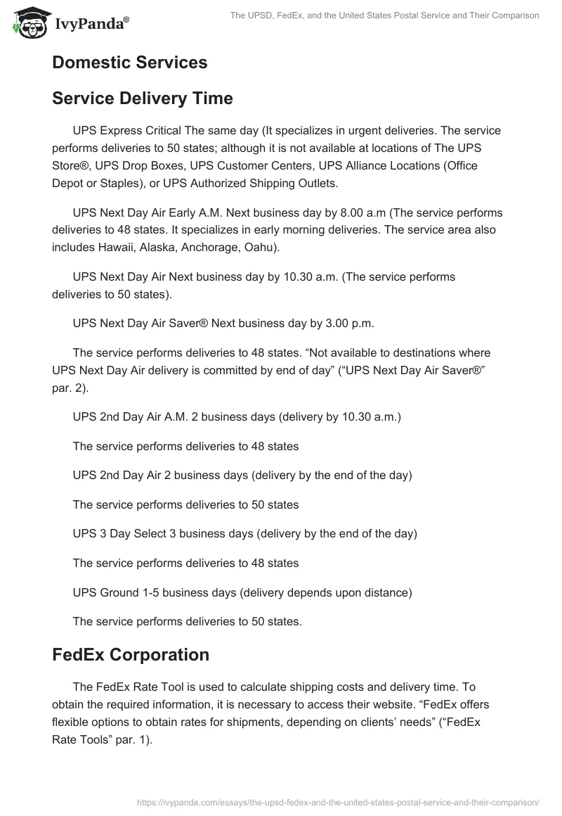 The UPSD, FedEx, and the United States Postal Service and Their Comparison. Page 4