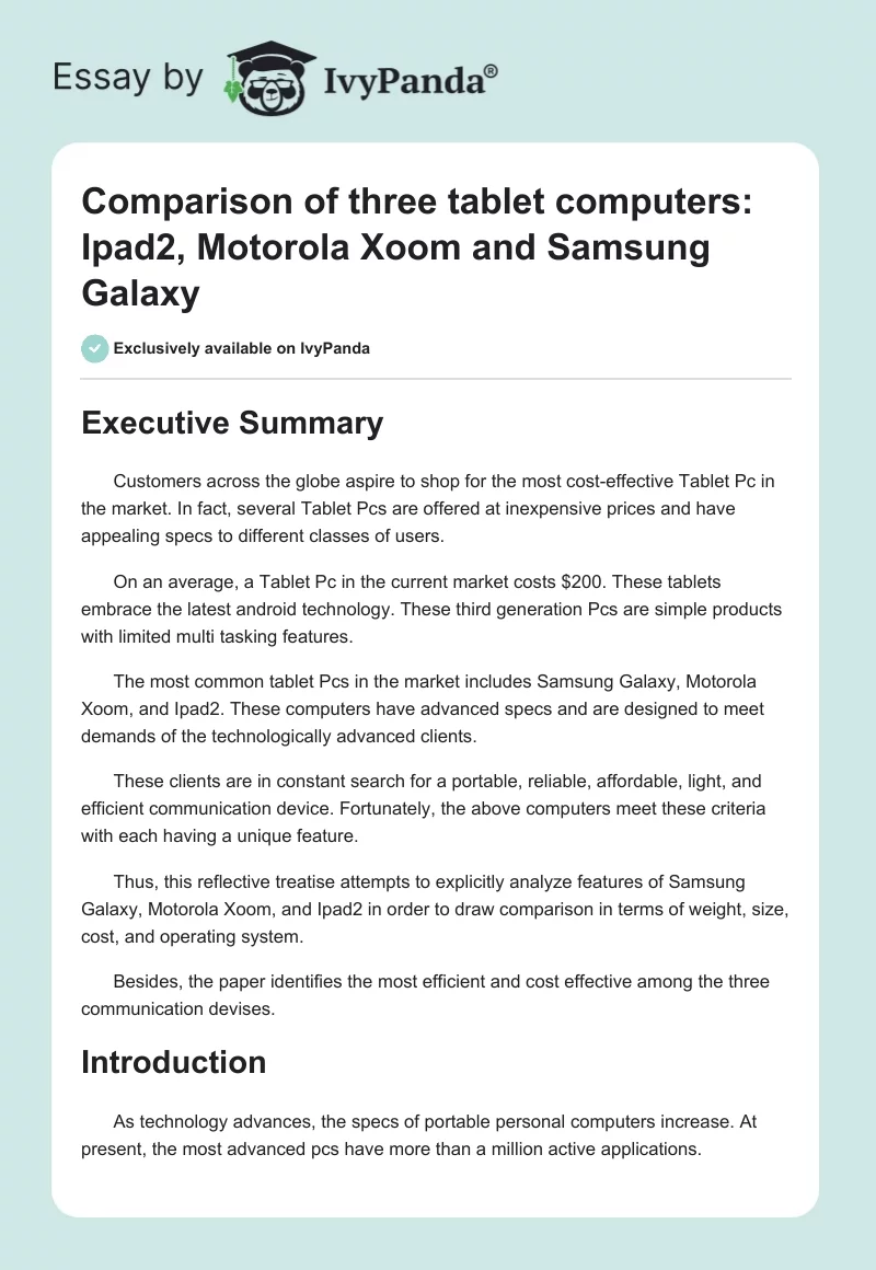 Comparison of Three Tablet Computers: Ipad2, Motorola Xoom and Samsung Galaxy. Page 1
