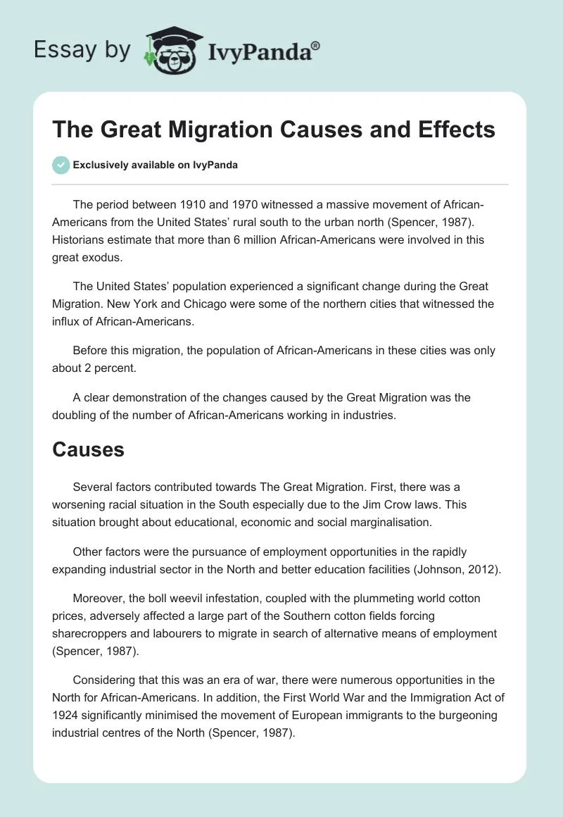 The Great Migration Causes and Effects. Page 1