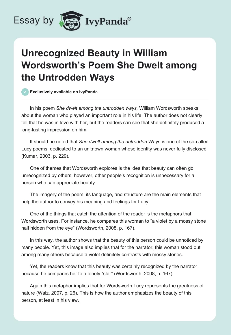 Unrecognized Beauty in William Wordsworth’s Poem She Dwelt among the Untrodden Ways. Page 1