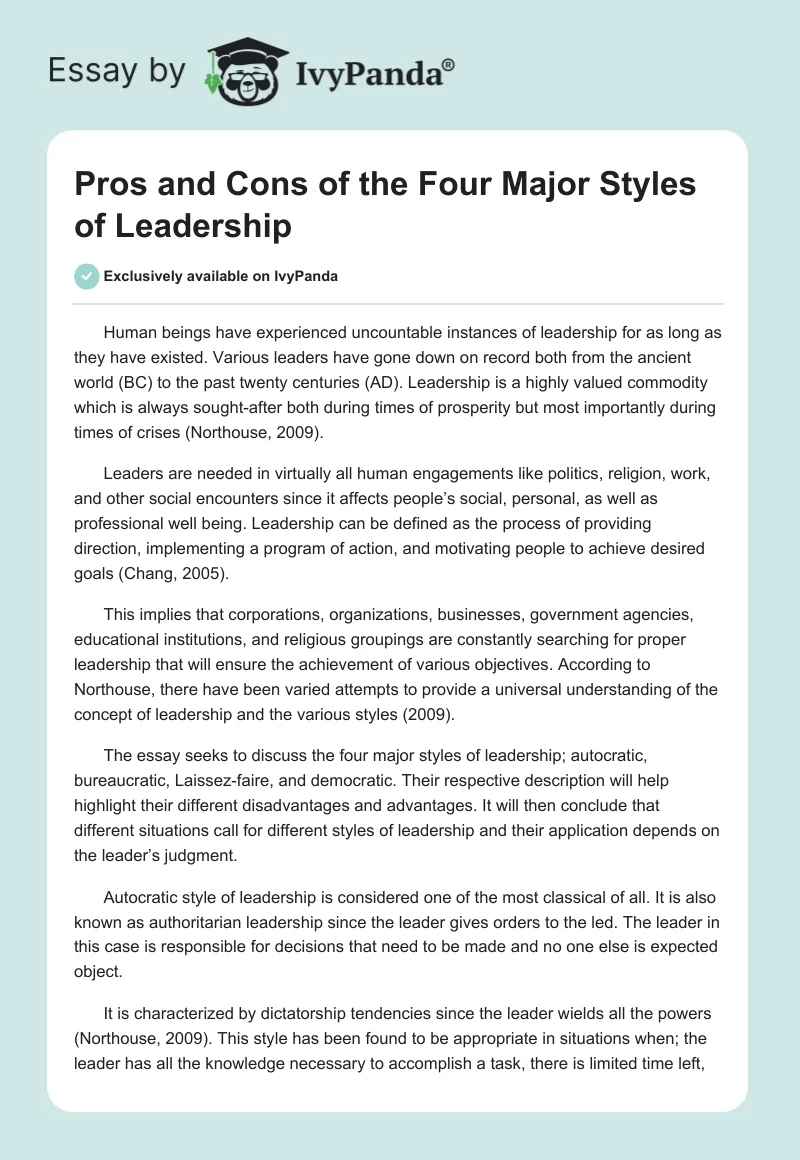 Pros and Cons of the Four Major Styles of Leadership. Page 1