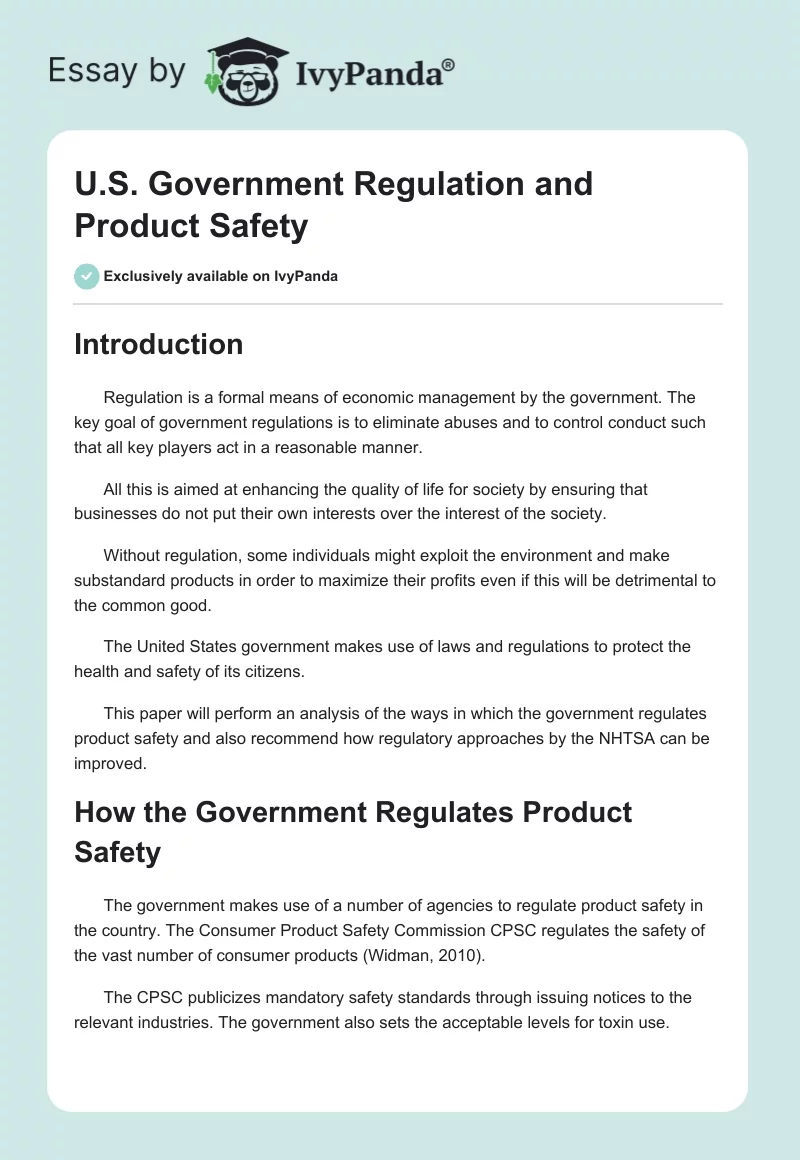 U.S. Government Regulation and Product Safety. Page 1
