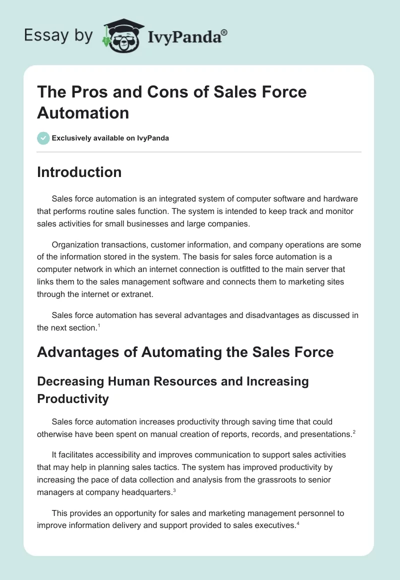 The Pros and Cons of Sales Force Automation. Page 1