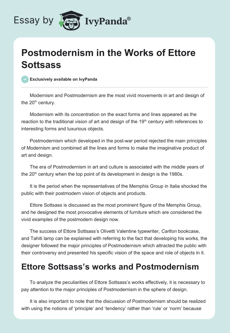 Postmodernism in the Works of Ettore Sottsass. Page 1