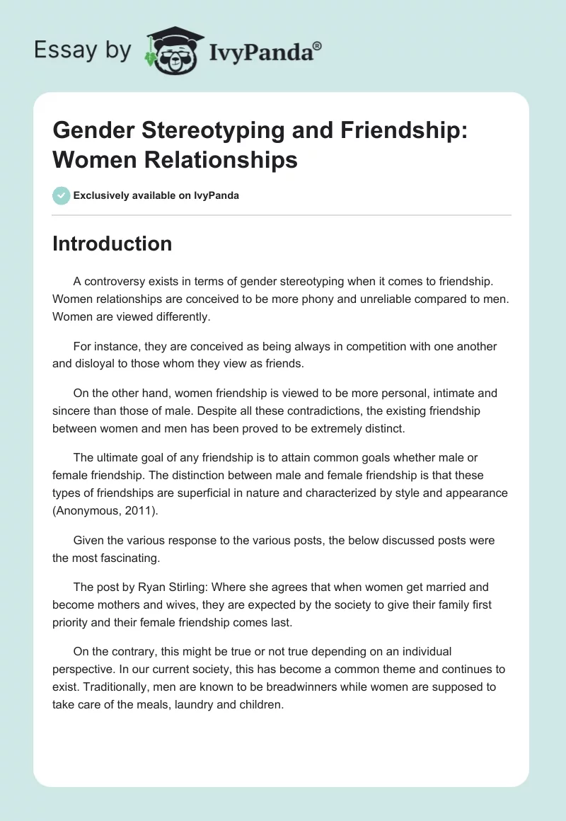 Gender Stereotyping and Friendship: Women Relationships. Page 1
