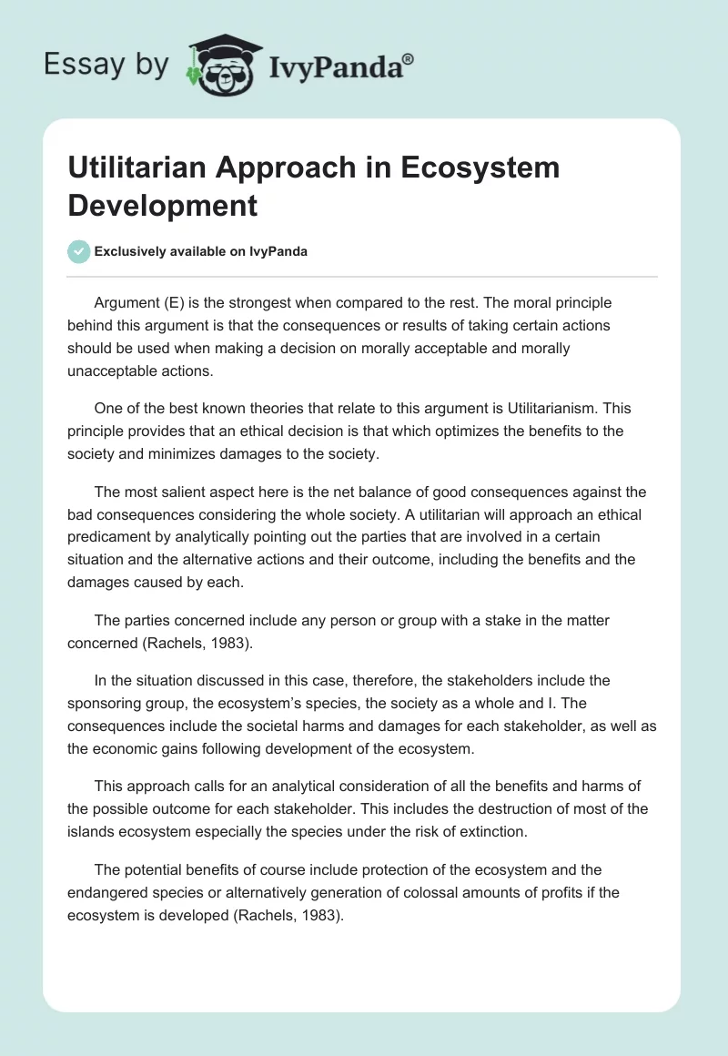 Utilitarian Approach in Ecosystem Development. Page 1