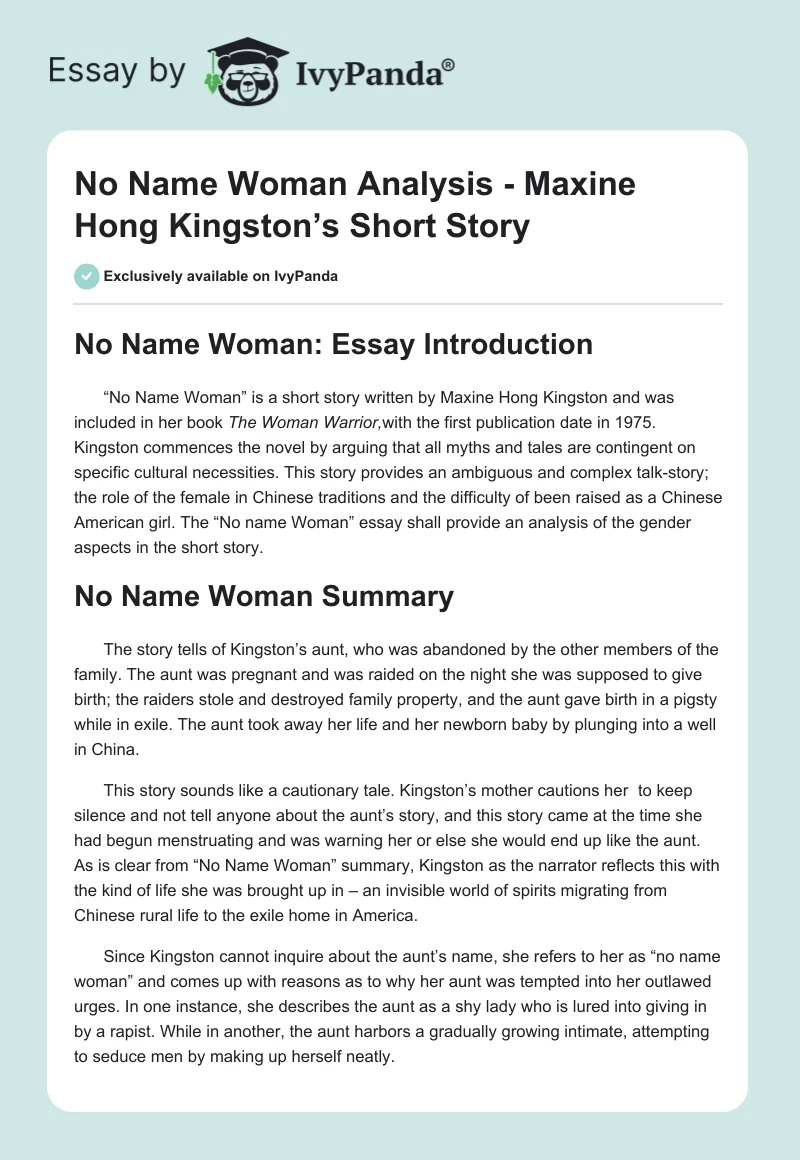 No Name Woman Analysis - Maxine Hong Kingston’s Short Story. Page 1