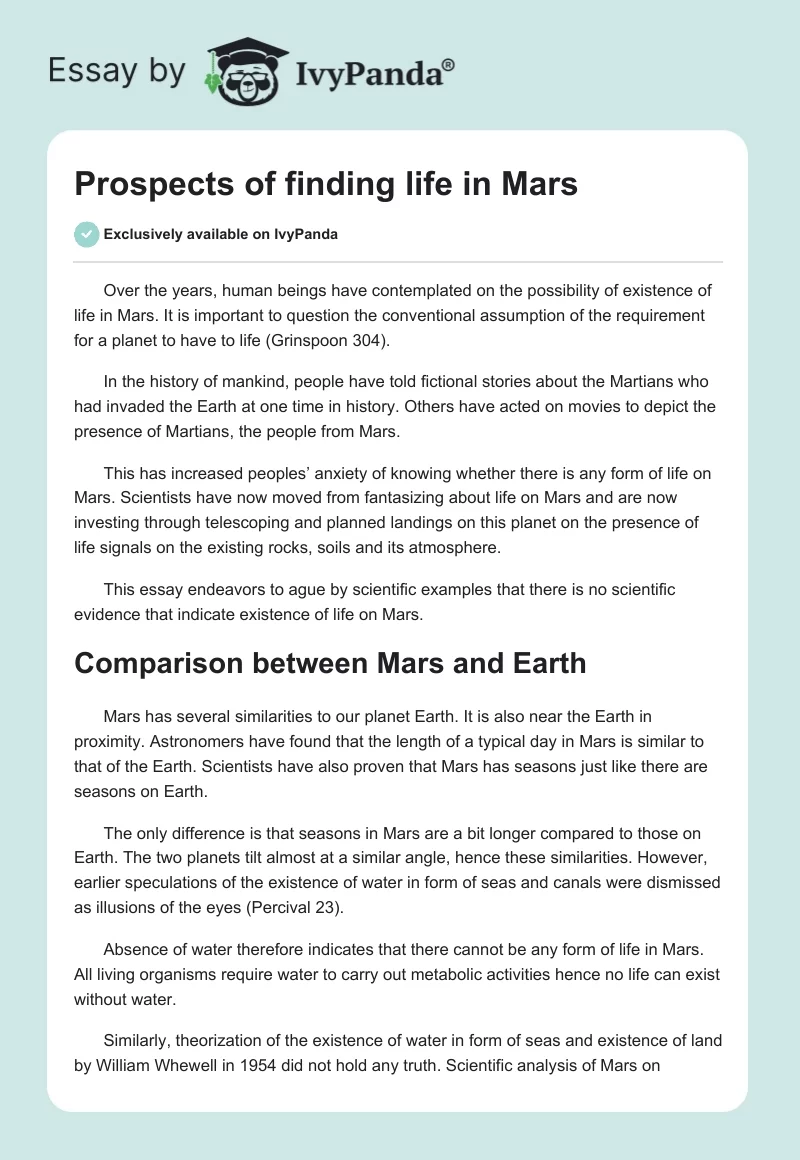 Prospects of finding life in Mars. Page 1