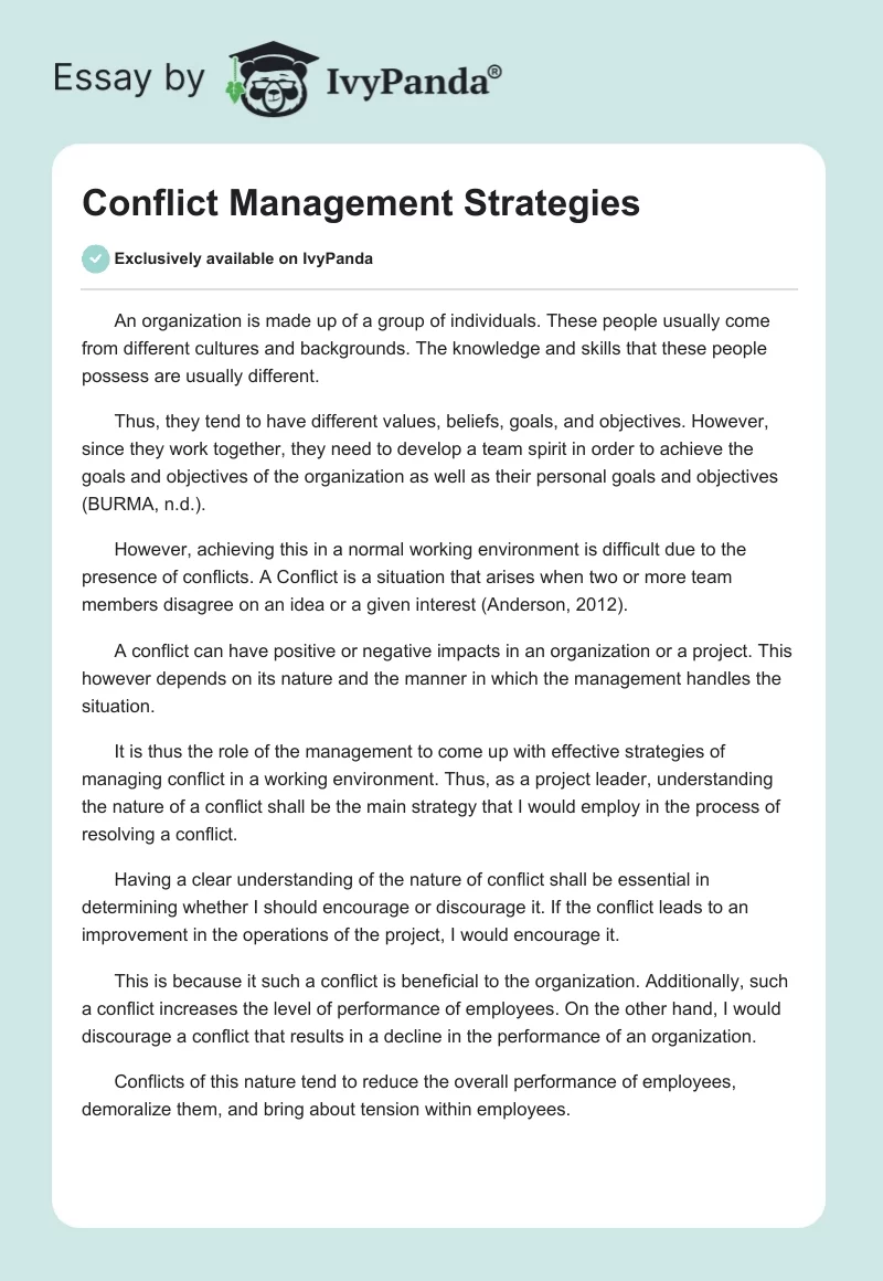 Conflict Management Strategies. Page 1