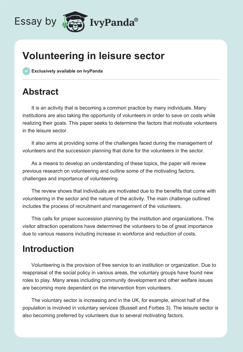 Volunteering in Leisure Sector. Page 1
