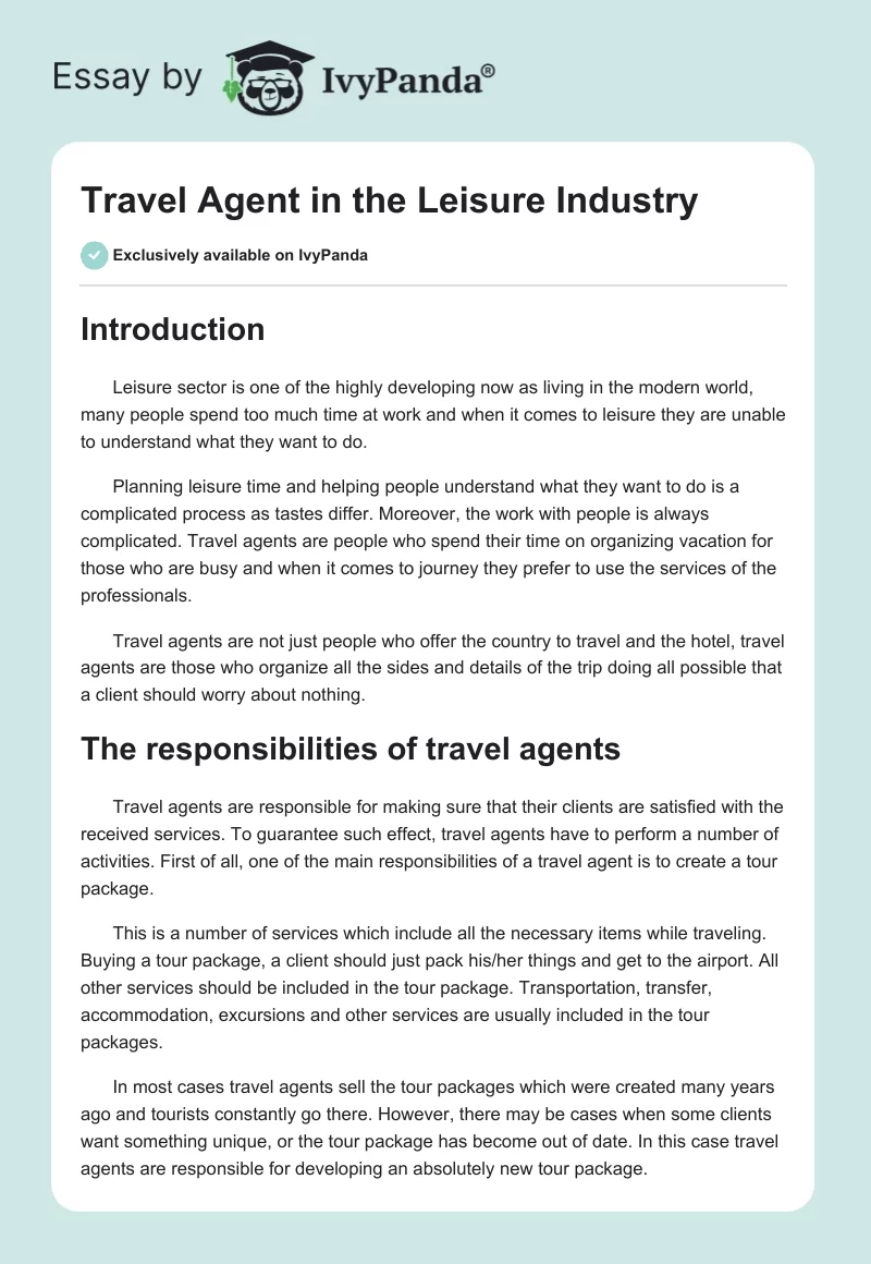 Travel Agent in the Leisure Industry. Page 1