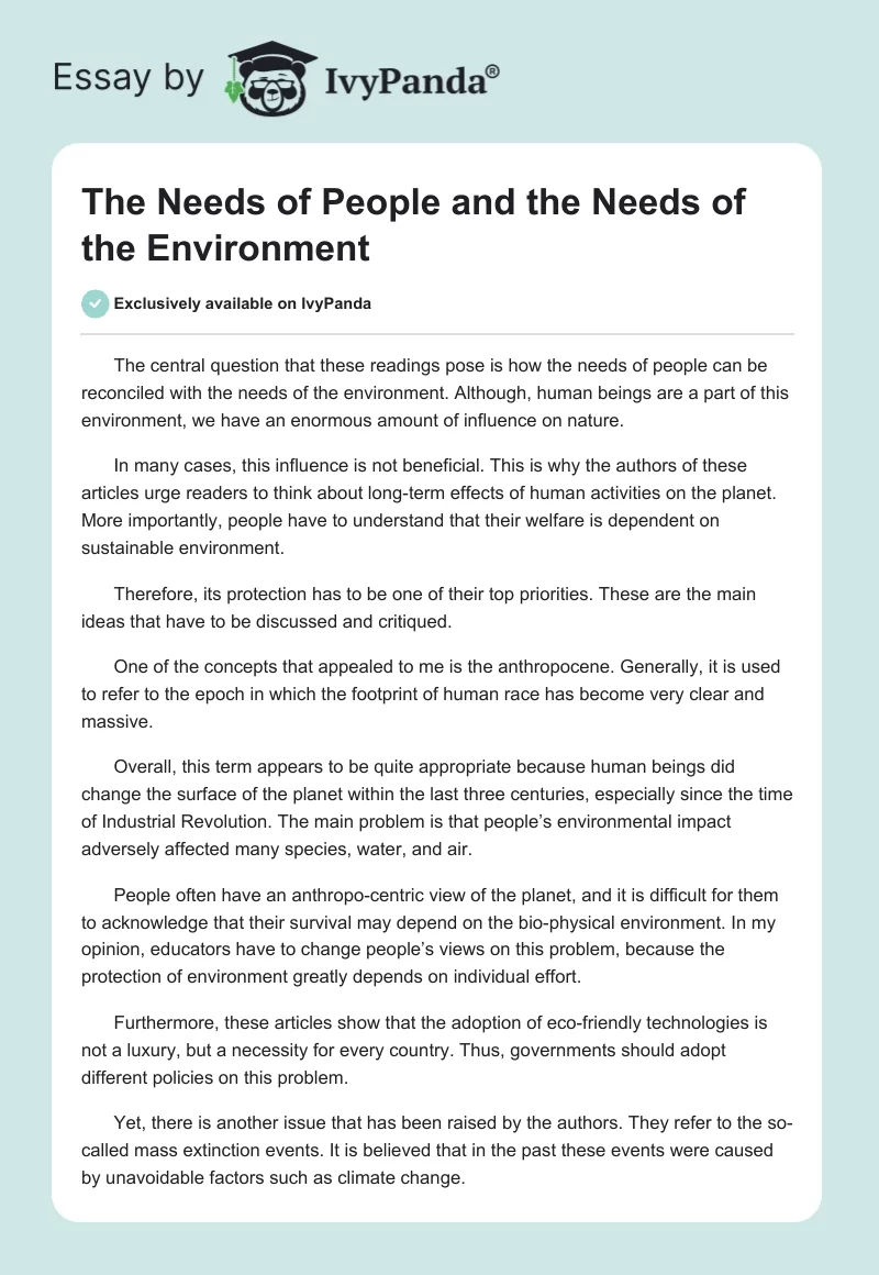 The Needs of People and the Needs of the Environment. Page 1