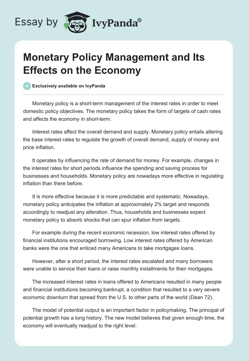 Monetary Policy Management and Its Effects on the Economy. Page 1