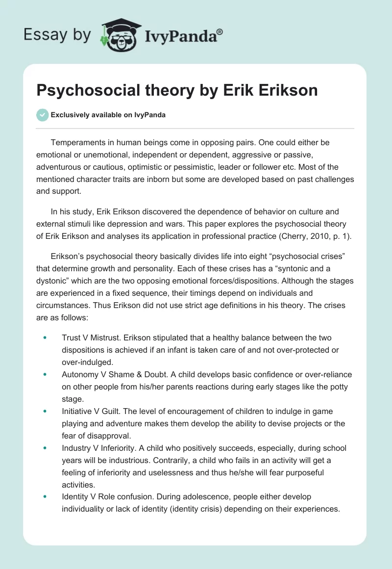 Psychosocial theory by Erik Erikson. Page 1