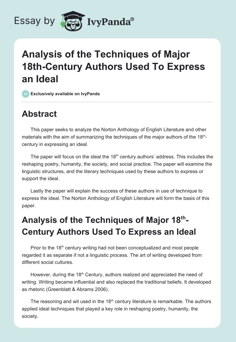 Analysis of the Techniques of Major 18th-Century Authors Used To Express an Ideal. Page 1