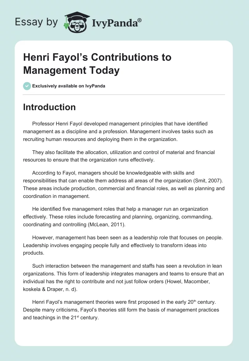 Henri Fayol’s Contributions to Management Today. Page 1