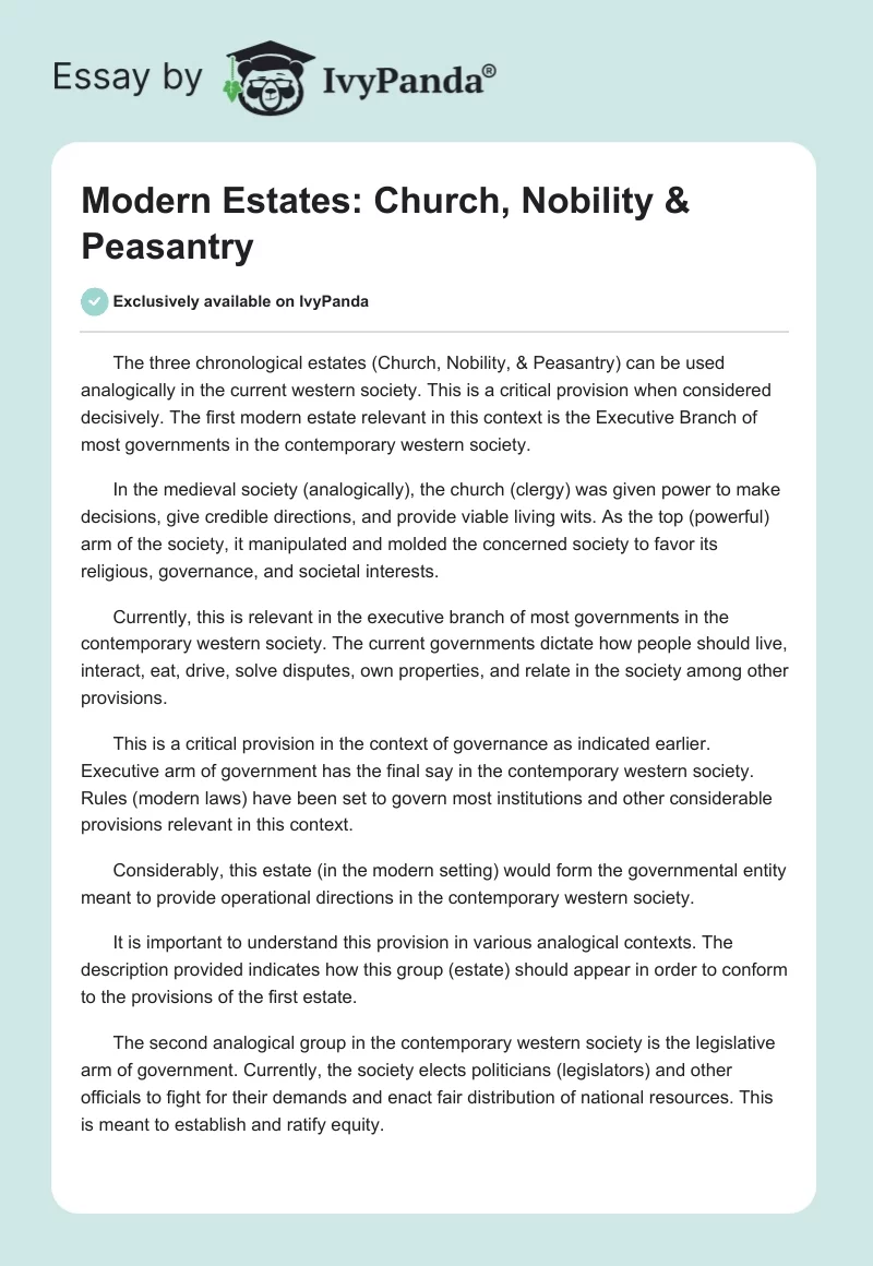 Modern Estates: Church, Nobility & Peasantry. Page 1