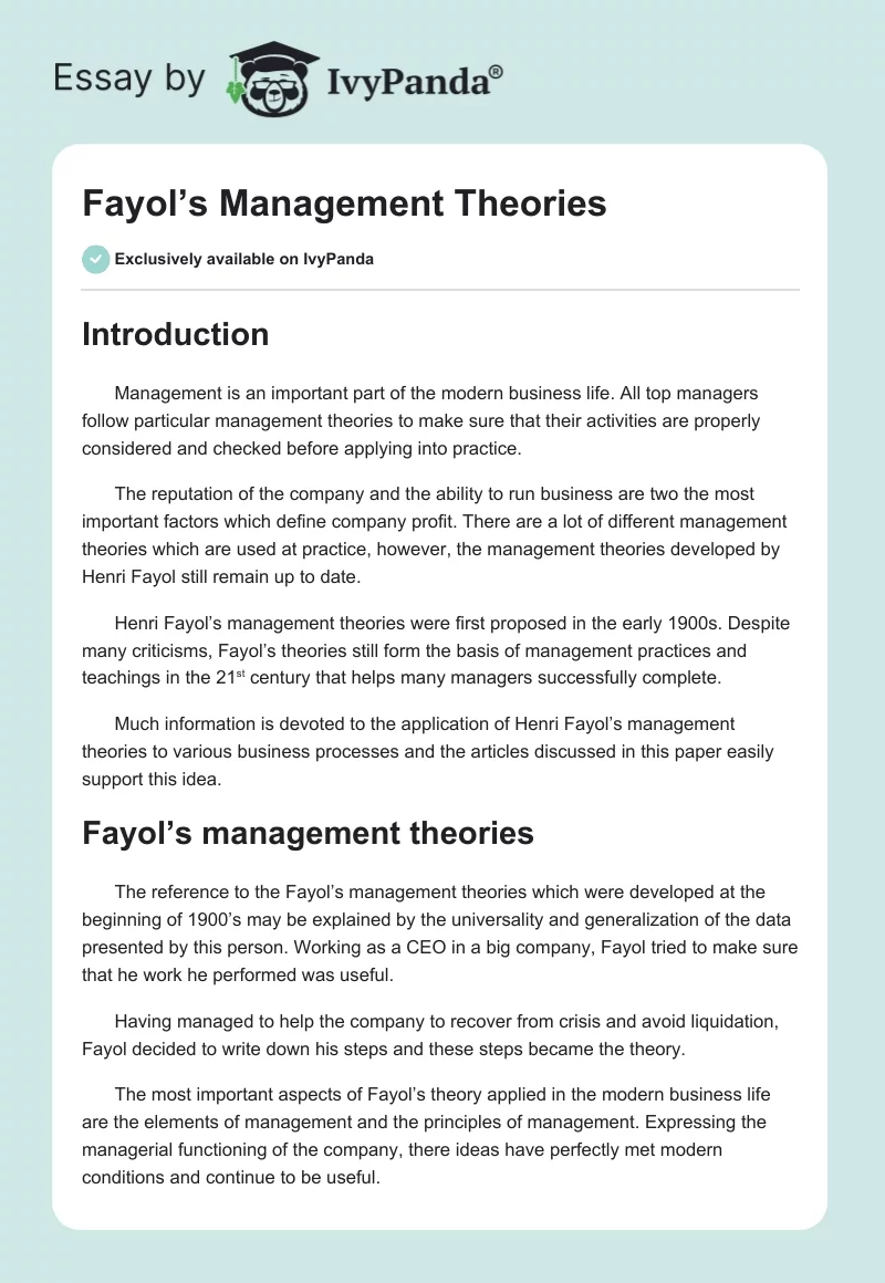 Fayol’s Management Theories. Page 1