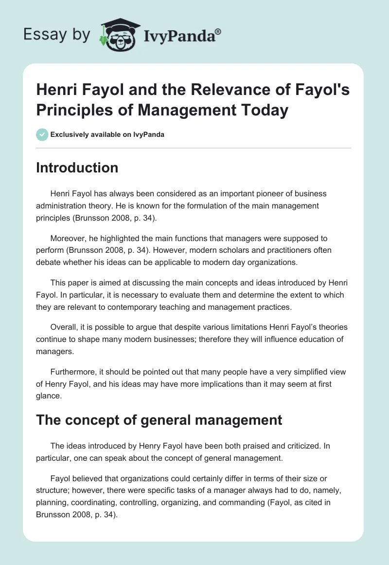 Henri Fayol and the Relevance of Fayol's Principles of Management Today. Page 1