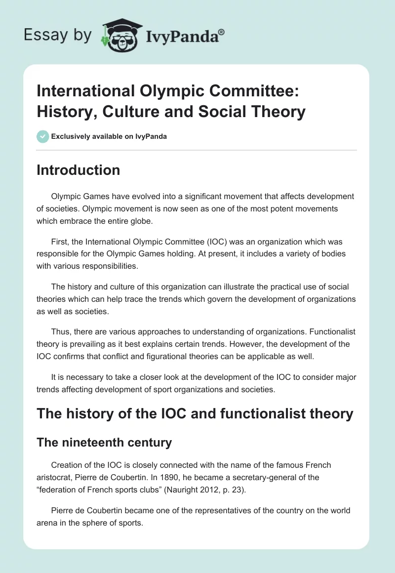 International Olympic Committee: History, Culture and Social Theory. Page 1