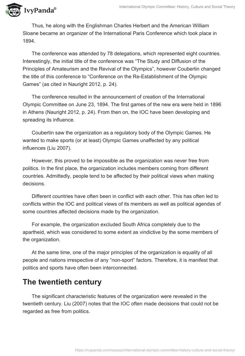 International Olympic Committee: History, Culture and Social Theory. Page 2