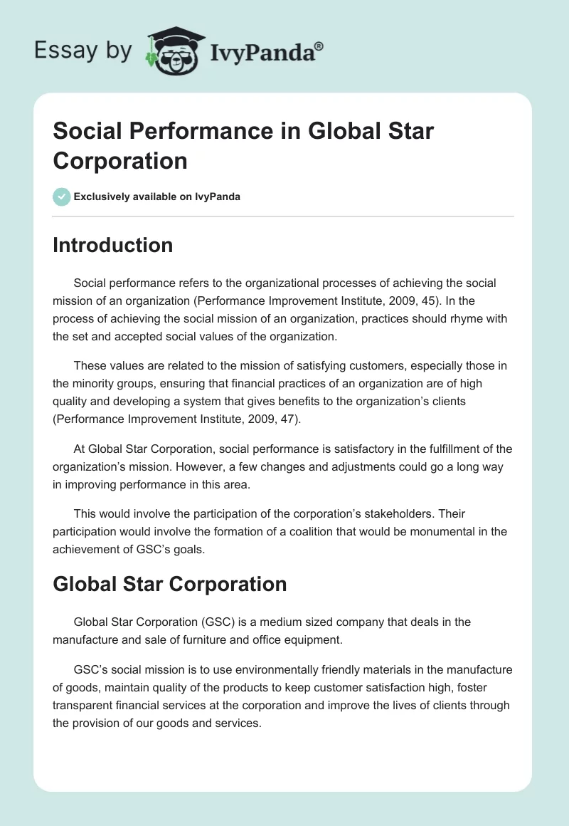 Social Performance in Global Star Corporation. Page 1