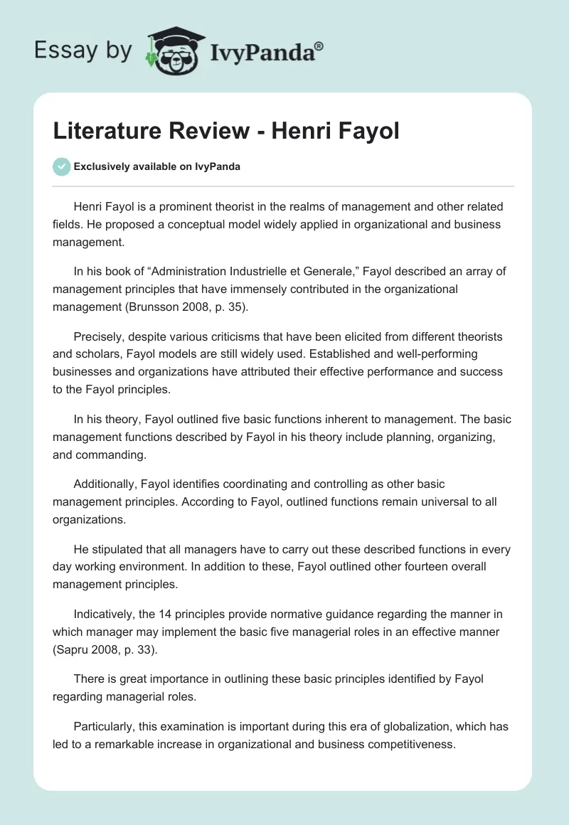 Literature Review - Henri Fayol. Page 1